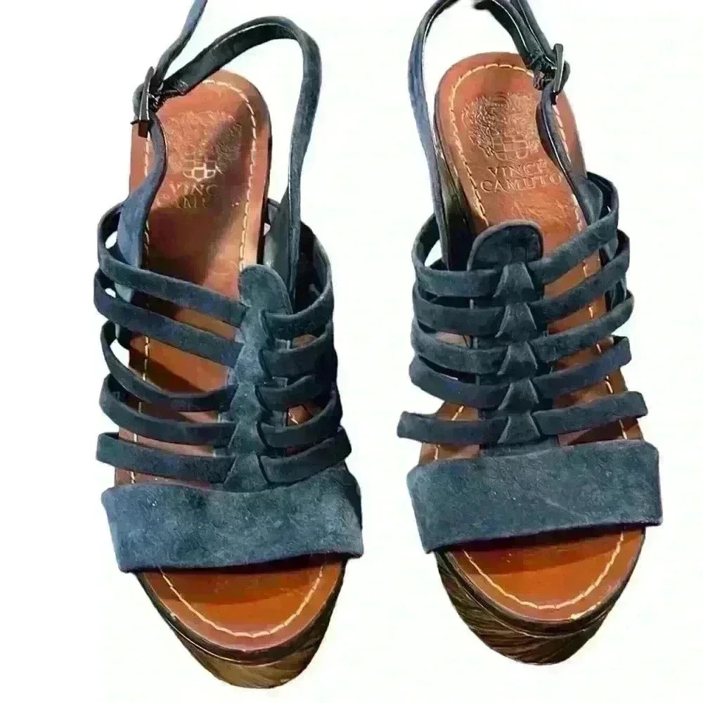VINCE CAMUTO SANDALS Woman’s 8.5 M Onia Slingback Platform Blue Suede Wedge​